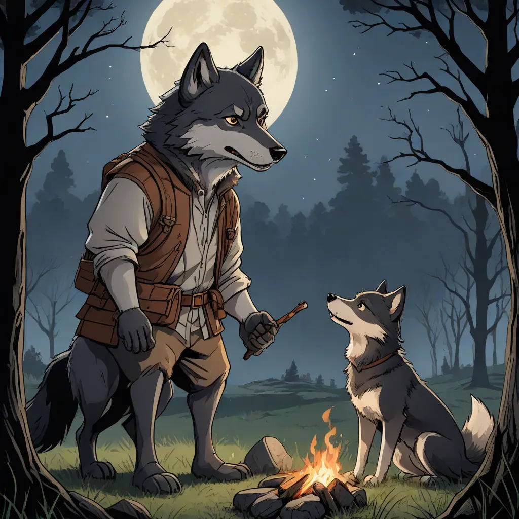 a wolf and a wolf cub are standing in front of a campfire with a full moon in the background, Caspar Wolf, furry art, a storybook illustration, comic cover art