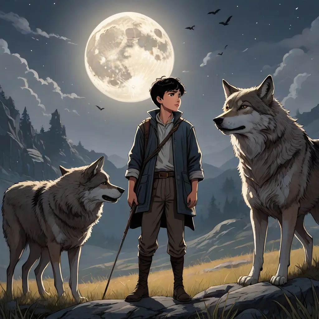 a boy standing next to two wolfs on a hillside at night with a full moon in the background, Diego Gisbert Llorens, fantasy art, a storybook illustration, official art