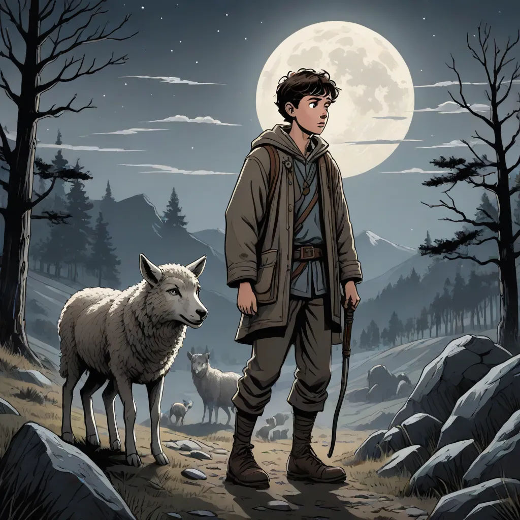 a man standing next to a sheep on a hillside under a full moon sky with trees and rocks in the foreground, Diego Gisbert Llorens, fantasy art, a character portrait, comic cover art