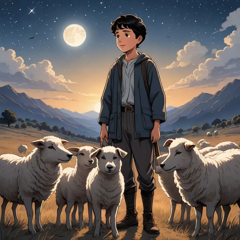 a boy standing in front of a herd of sheep in a field at night with the moon in the sky, Diego Gisbert Llorens, lyco art, a storybook illustration, official art