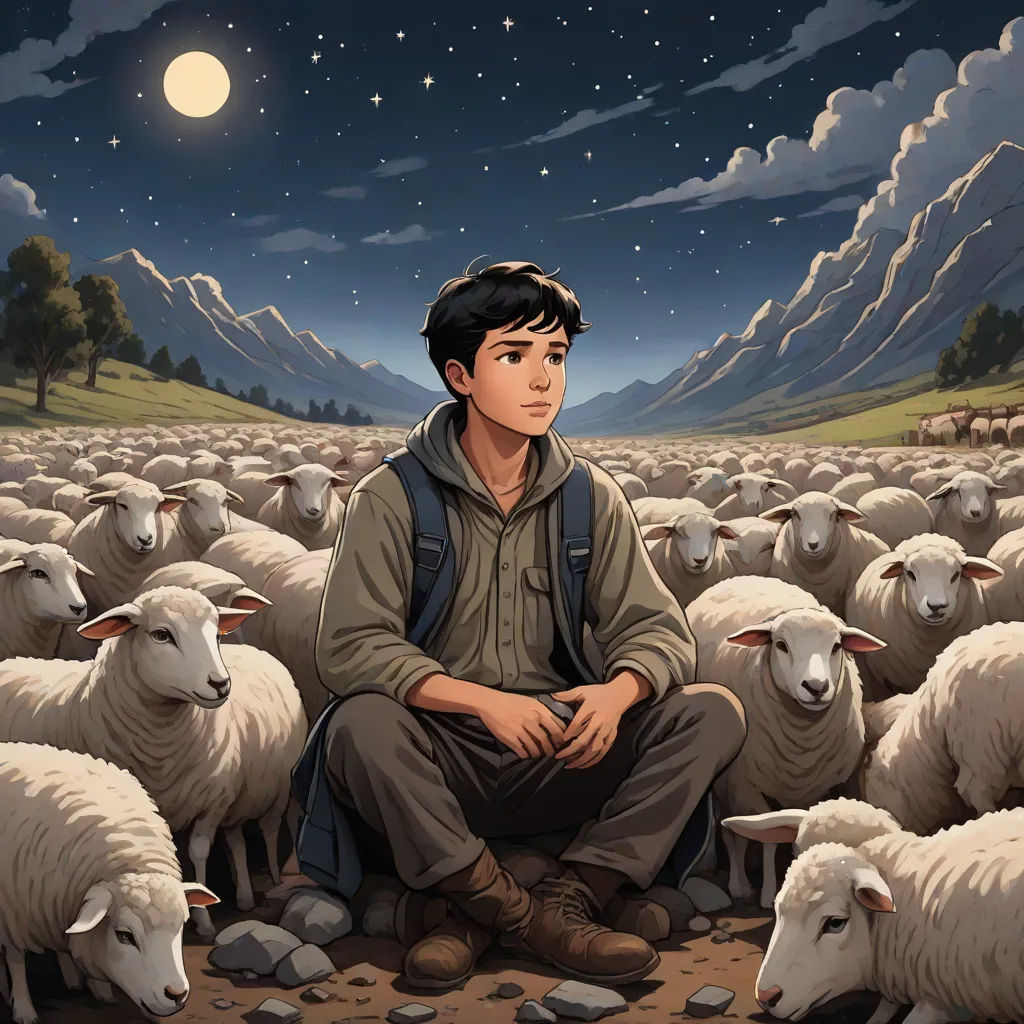 a man sitting on a field of sheep with a full moon in the background and stars in the sky, Aaron Jasinski, serial art, a storybook illustration, promotional image