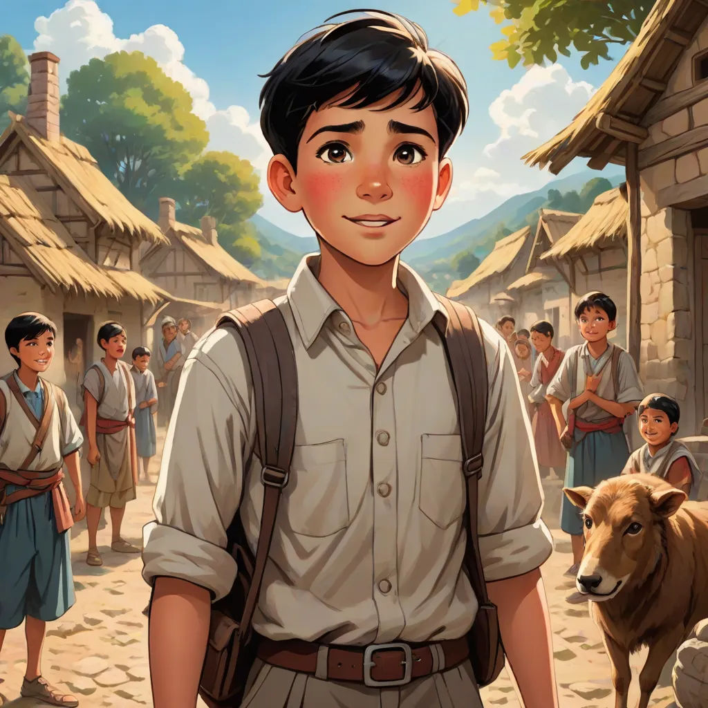 a boy in a village with a cow and a boy in a shirt and shorts standing in front of him, Byeon Sang-byeok, magical realism, a storybook illustration, official art