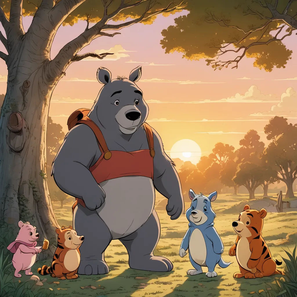 a cartoon of a bear and other animals in a forest at sunset with a tree and a sunset behind it, furry art, a storybook illustration, Bob Thompson, promotional image
