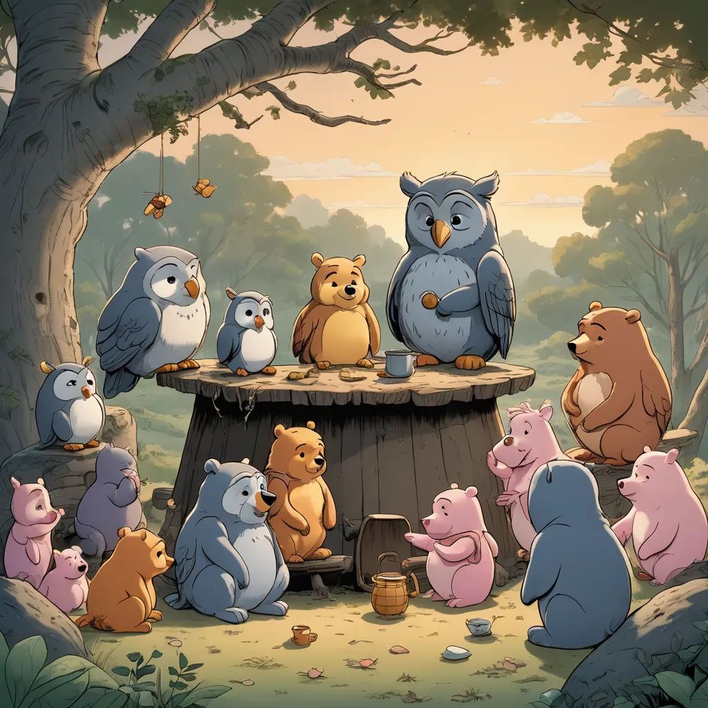 a group of animals sitting around a tree stump in a forest with a honey pot on the ground and a honey pot on the ground, fantasy art, a storybook illustration, Dan Mumford, storybook illustration