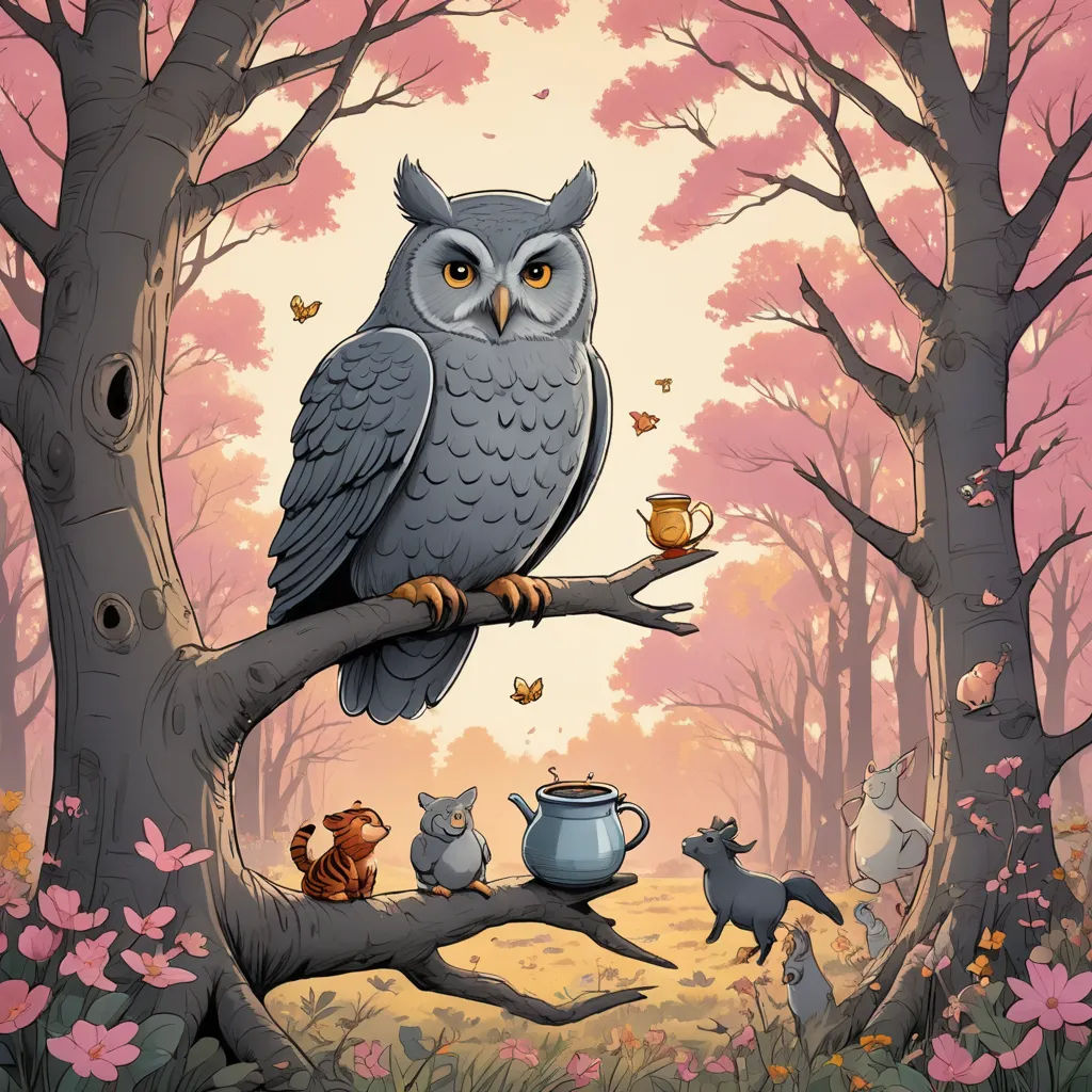 a painting of an owl sitting on a tree branch with other animals around it and a teapot in the foreground, fantasy art, a storybook illustration, Chris LaBrooy, storybook illustration