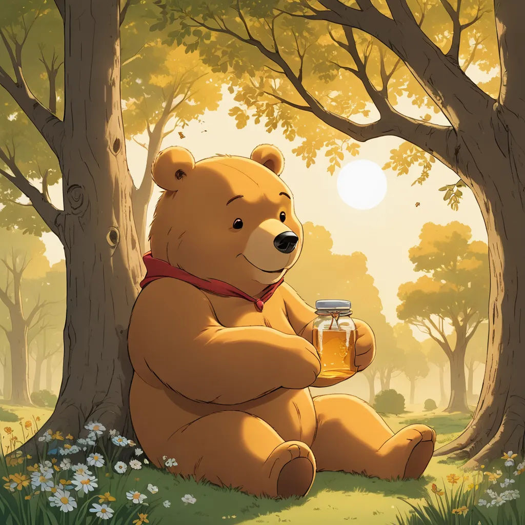 a bear sitting in the woods with a jar of honey in its paws and a jar of honey in its paws, furry art, a storybook illustration, Chris LaBrooy, official art