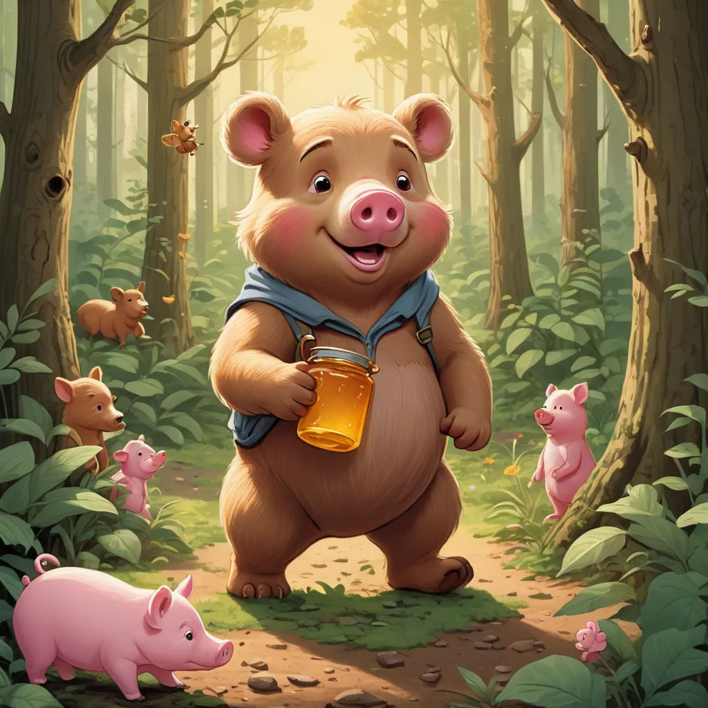 a cartoon pig holding a jar of honey in a forest with pigs around it and a forest background with trees, sots art, a storybook illustration, Aaron Jasinski, official art