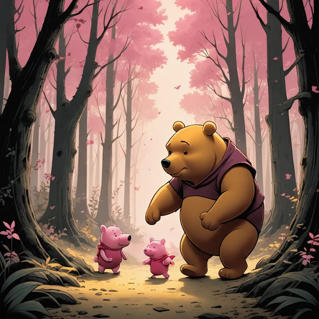 a cartoon bear and pig are in the woods with a pink background and trees and leaves on the ground, pop surrealism, a storybook illustration, Bob Ringwood, official art
