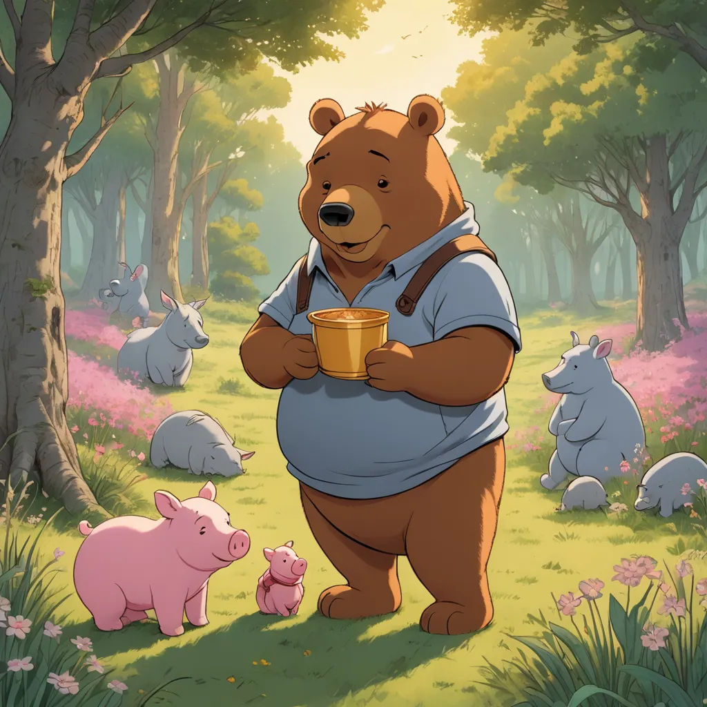 a bear holding a cup in a forest with pigs around it and a pig in the grass behind it, furry art, a storybook illustration, Colin Middleton, official art