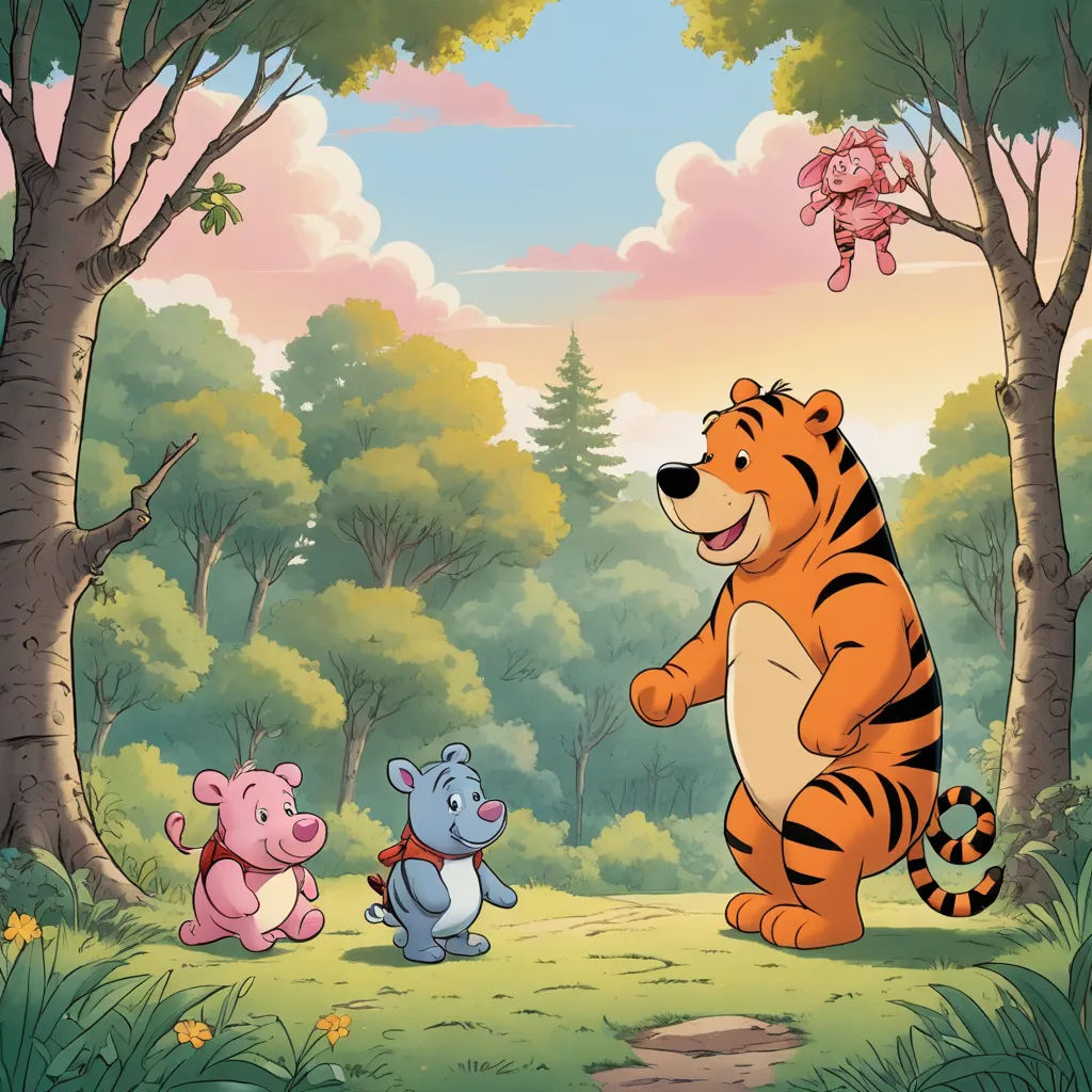 a cartoon of winnie the pooh and pooh bear in the woods with a pig on the ground, furry art, a storybook illustration, Douglas Shuler, promotional image