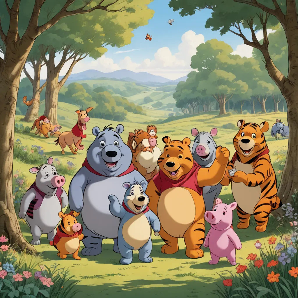 a group of winnie the pooh characters in a forest with a backdrop of trees and flowers and a hill, furry art, a storybook illustration, disney, promotional image
