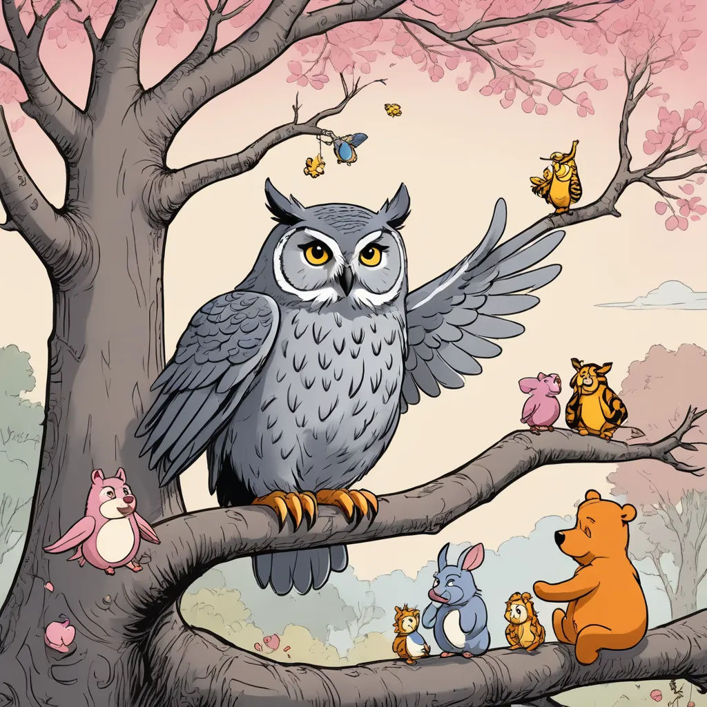 a cartoon of an owl sitting on a tree branch with other animals around it and a bear on the branch, fantasy art, a storybook illustration, Chris LaBrooy, storybook illustration