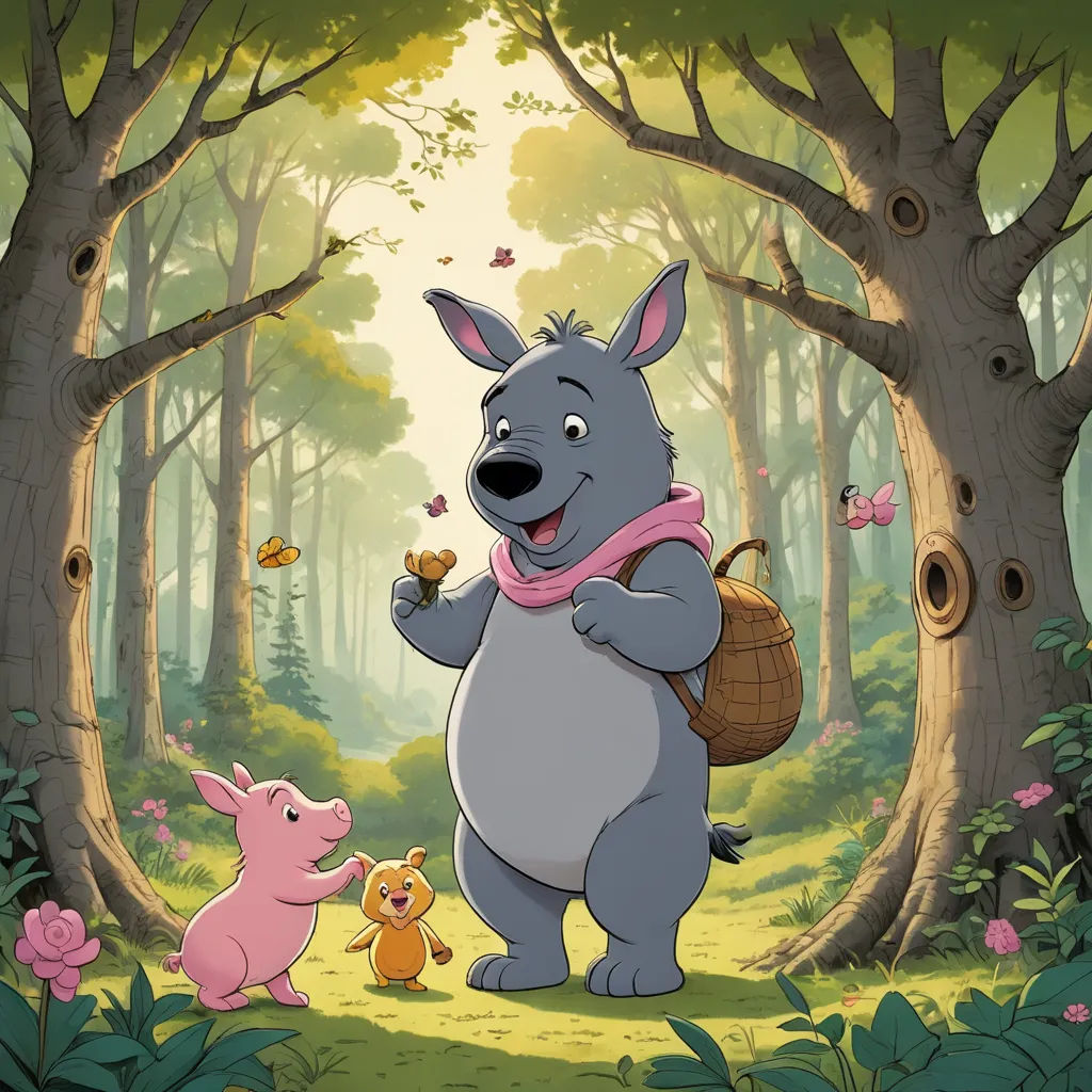 a cartoon of a pig and a piggy in the woods with a butterfly in its mouth and a pig in the foreground, sots art, a storybook illustration, Bob Thompson, promotional image