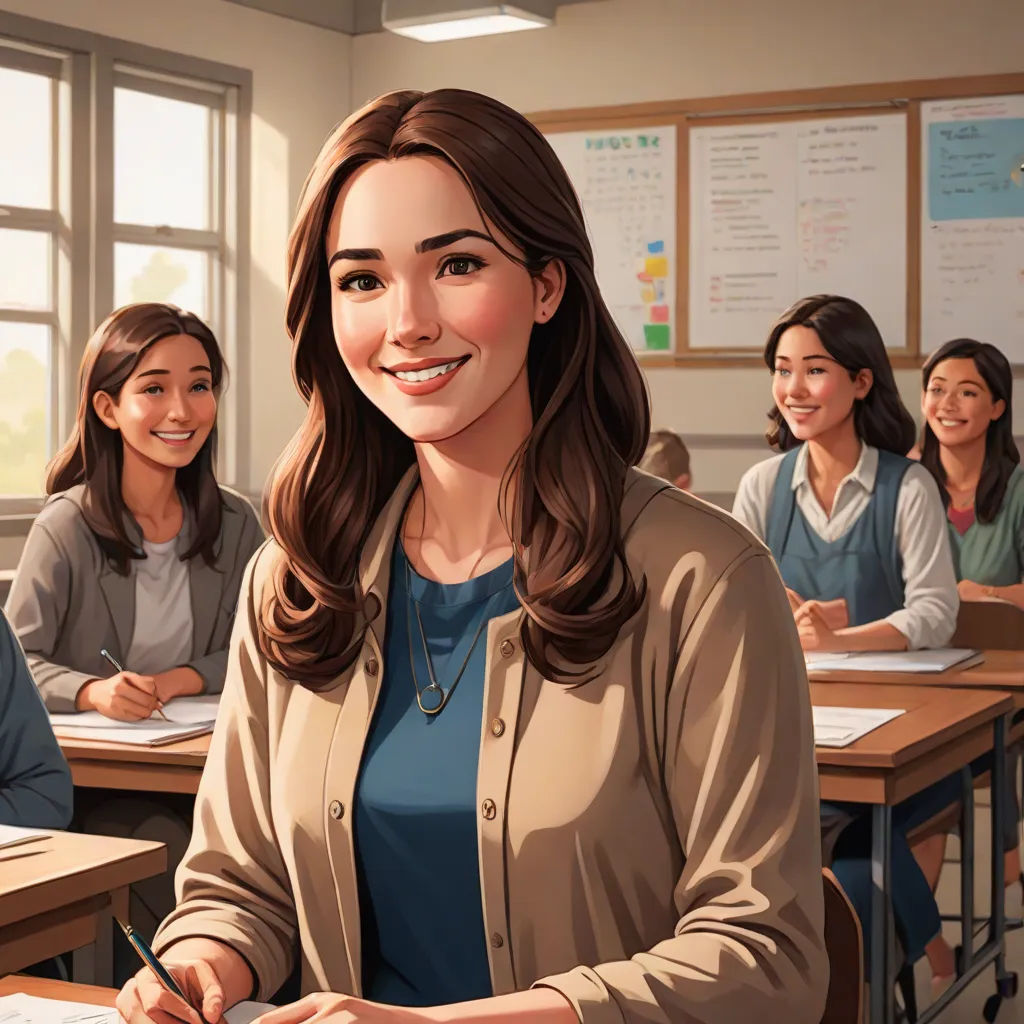 a woman sitting at a desk with a pencil in her hand and a group of other women behind her, Constance Gordon-Cumming, american scene painting, a detailed painting, official art