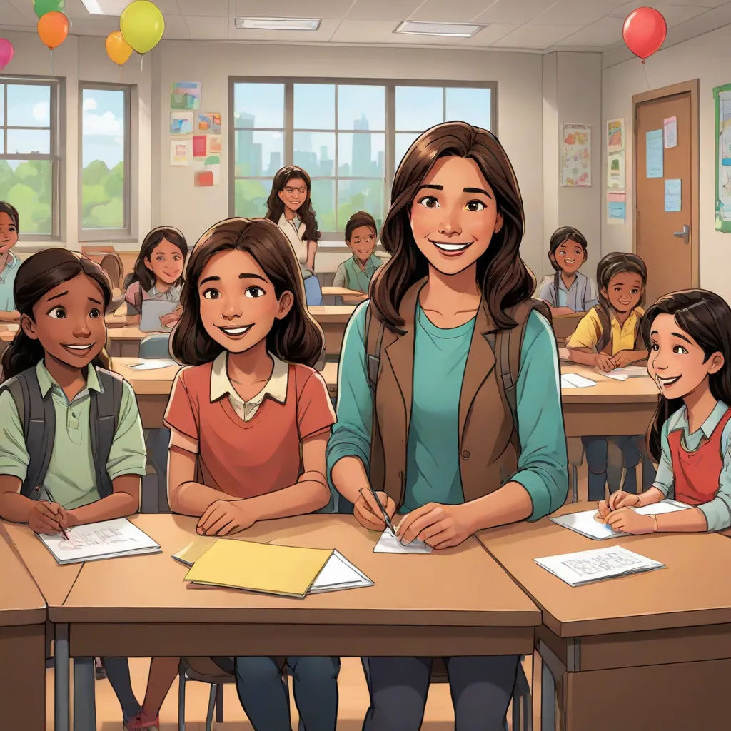 a cartoon of a teacher and students in a classroom with balloons and balloons in the background, a woman is smiling, Fernando Amorsolo, paris school, a storybook illustration, official art