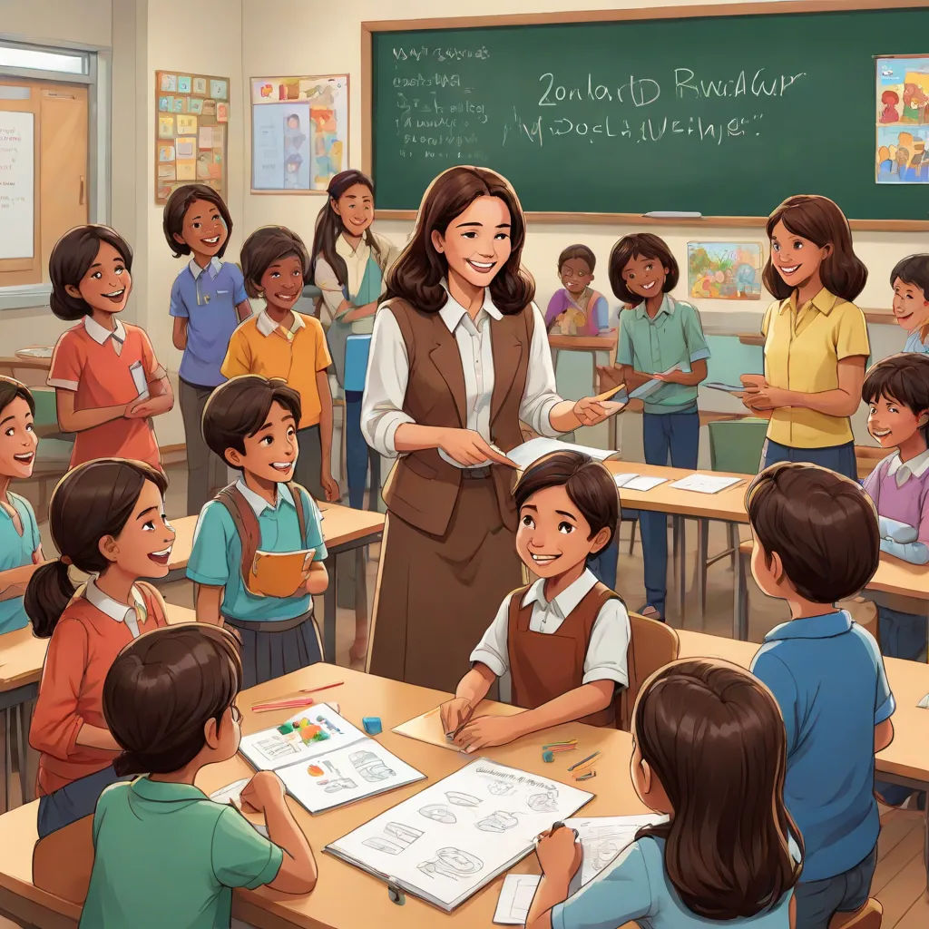 a teacher teaching a class of children in a classroom with a chalkboard and chalkboard on the wall, Fernando Amorsolo, american scene painting, a storybook illustration, official art