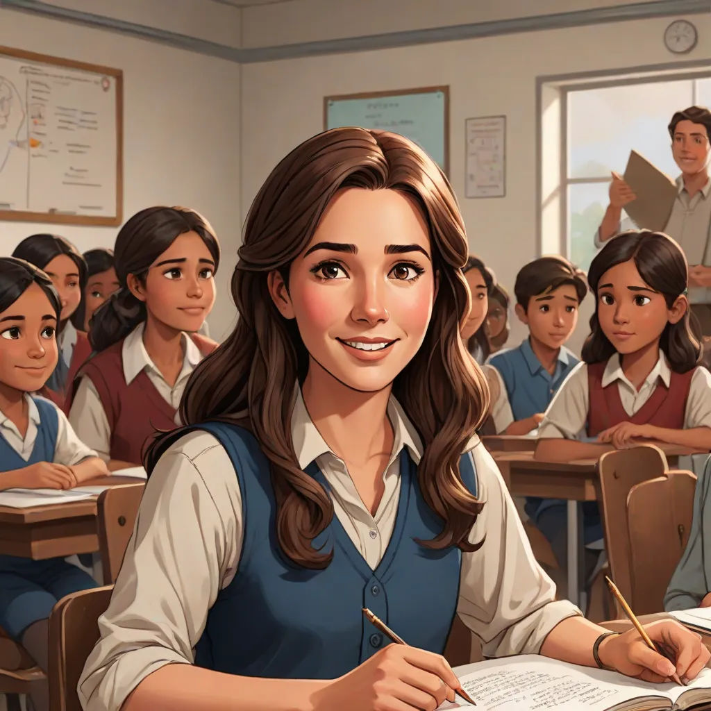 a cartoon of a girl sitting at a desk in front of a group of children in a classroom with a teacher, Constance Gordon-Cumming, paris school, a comic book panel, official art