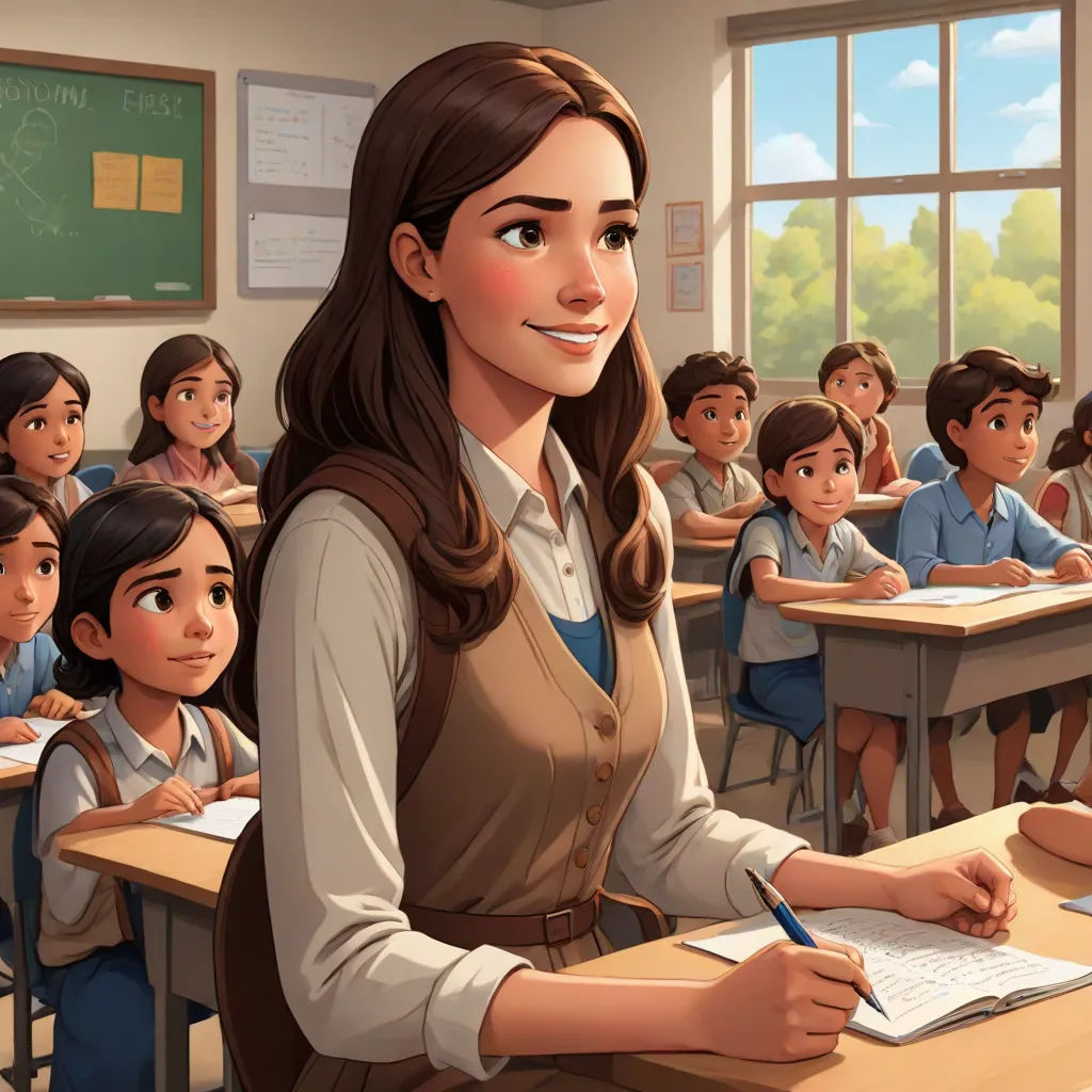 a cartoon girl is sitting at a desk in front of a class of children with a book and pen, Fernando Amorsolo, paris school, a storybook illustration, official art