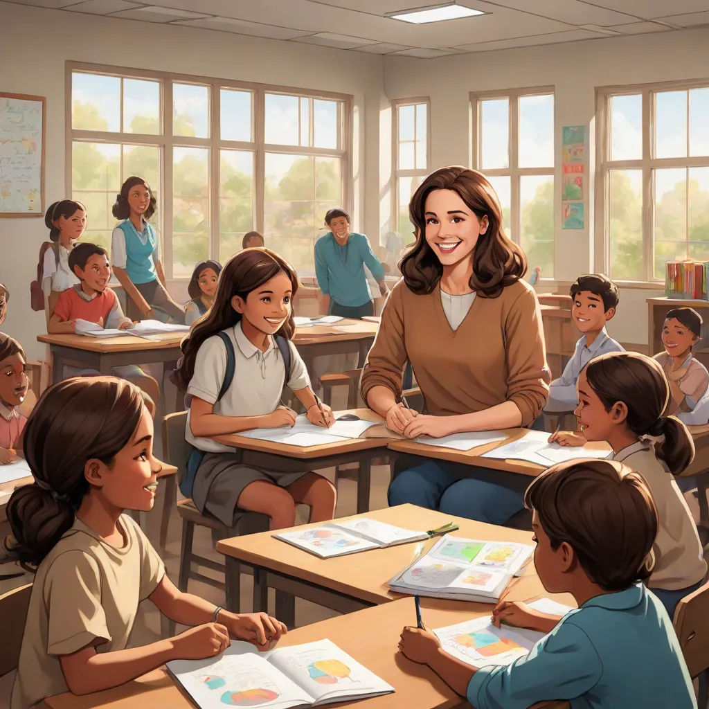 a painting of a woman sitting at a desk in a classroom with children in the background and a teacher in the foreground, Ada Gladys Killins, american scene painting, a storybook illustration, official art