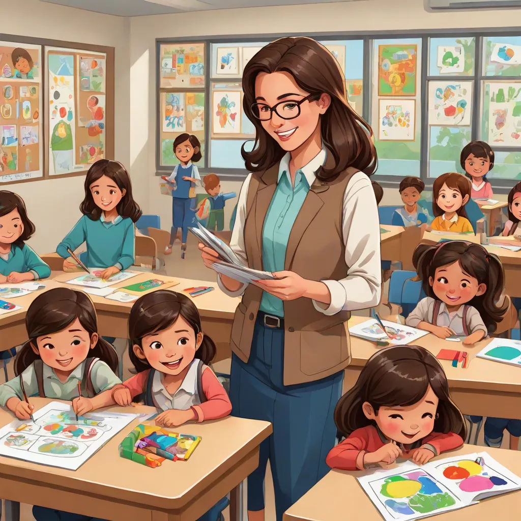 a woman teacher standing in front of a classroom full of children with their books and papers in front of her, Ada Gladys Killins, academic art, a storybook illustration, official art