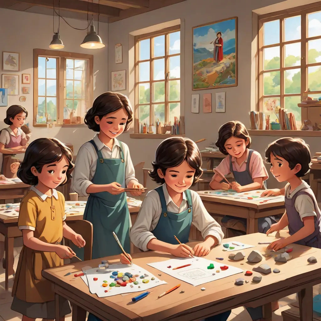 a group of children sitting at a table in a classroom working on crafts and painting with watercolors, Brothers Hildebrandt, cloisonnism, a detailed painting, official art