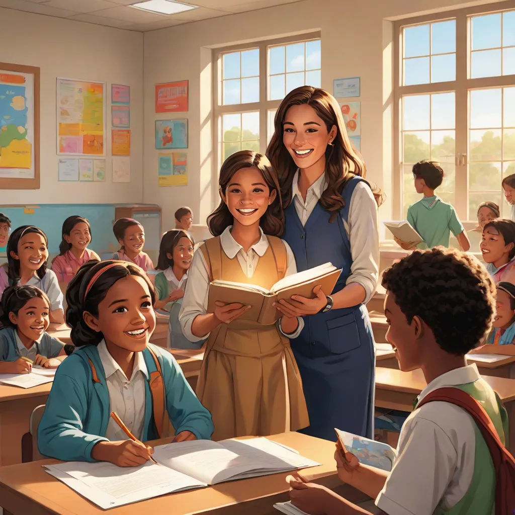 a painting of a teacher and two girls in a classroom with children smiling and reading books together, with a teacher smiling at the camera, Chris LaBrooy, american scene painting, a storybook illustration, official art