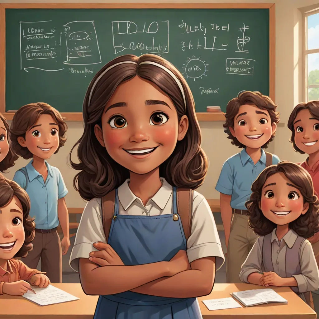 a cartoon girl standing in front of a classroom full of students with their arms crossed and smiling at the camera, Ella Guru, les automatistes, a storybook illustration, official art