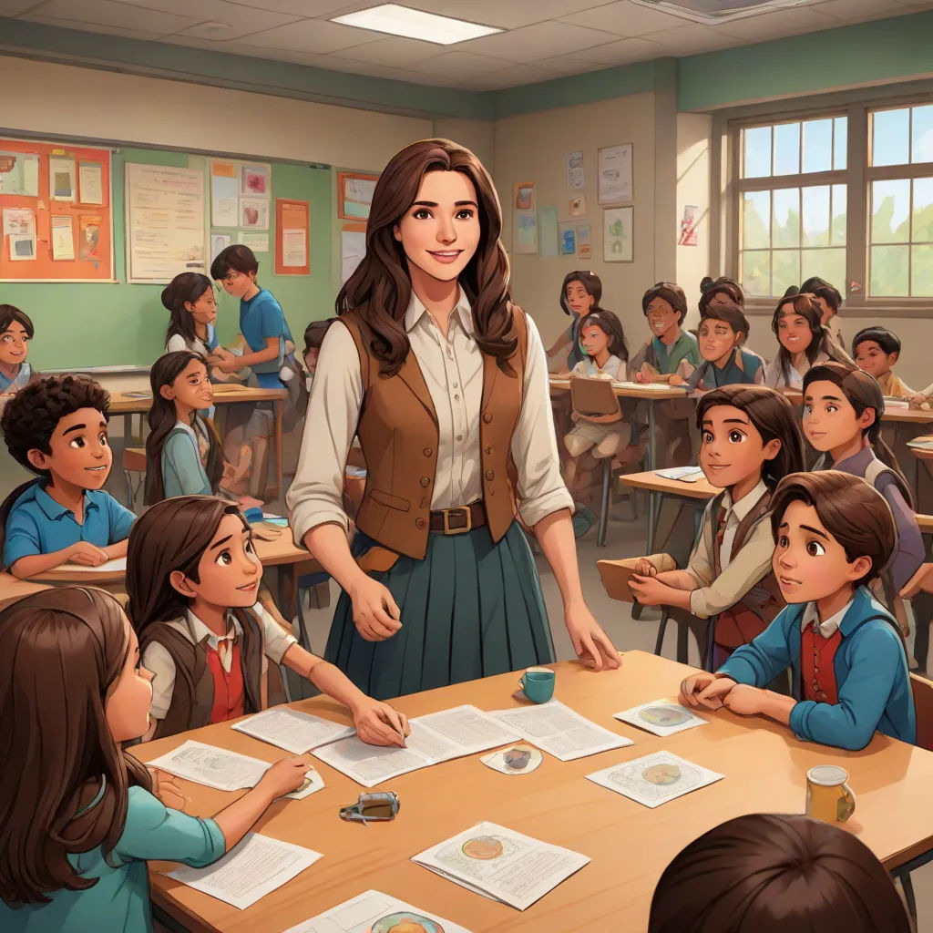 a woman standing in front of a classroom full of students with papers on the desks and a teacher standing behind her, Ada Gladys Killins, american scene painting, a storybook illustration, official art