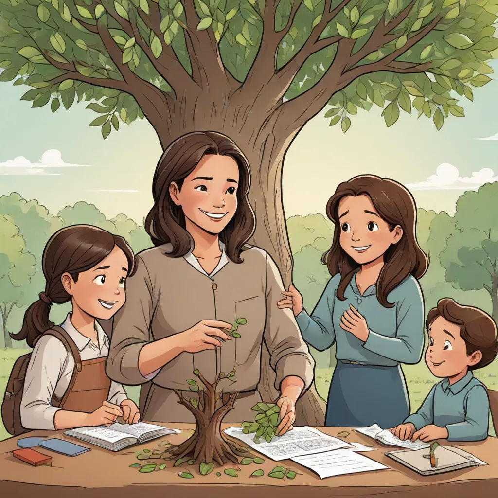 a woman and two children are standing in front of a tree with a book on it and a book on the table, Elinor Proby Adams, naturalism, a storybook illustration, official art