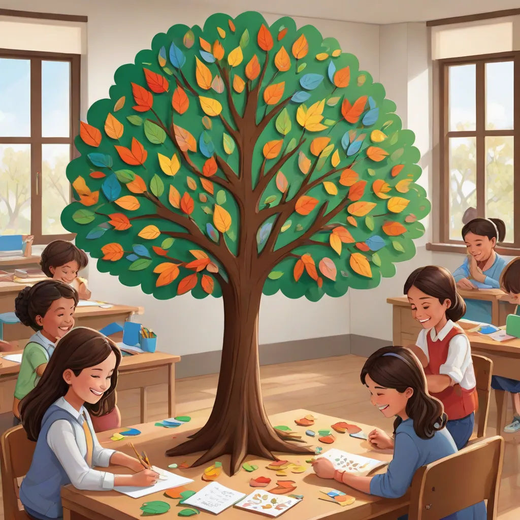 a group of children sitting at a table in front of a tree with leaves on it and a picture of a tree on the table, Art & Language, naive art, a detailed painting, detailed painting