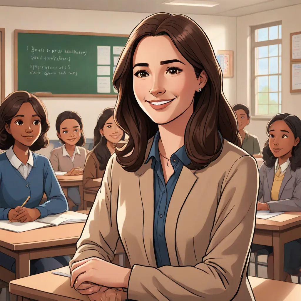 a cartoon of a woman standing in front of a classroom full of students with her arms crossed and smiling, Ada Gladys Killins, american scene painting, a character portrait, official art