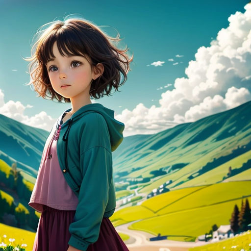 a painting of a girl in a dress standing in a field of flowers with a mountain in the background