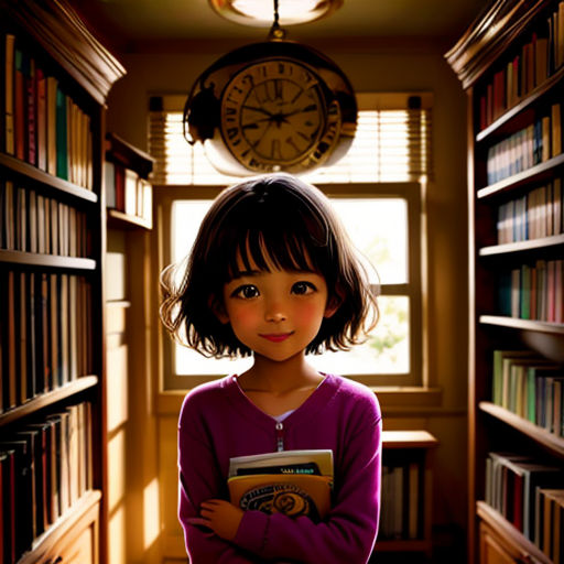 a little girl standing in a library with a book in her hands and a clock above her head in the background