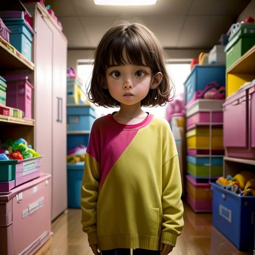 a little girl standing in a room with lots of shelves and bins of toys on the floor and a light above her
