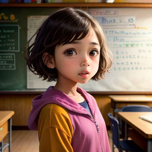 a young girl standing in front of a desk in a classroom with a chalkboard behind her and a chalkboard behind her