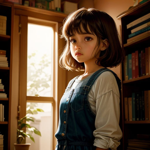a young girl standing in front of a window in a library with bookshelves and a potted plant