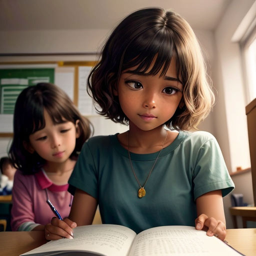 a girl and a girl are sitting at a desk with a book and pen in their hands and one girl is looking at the book