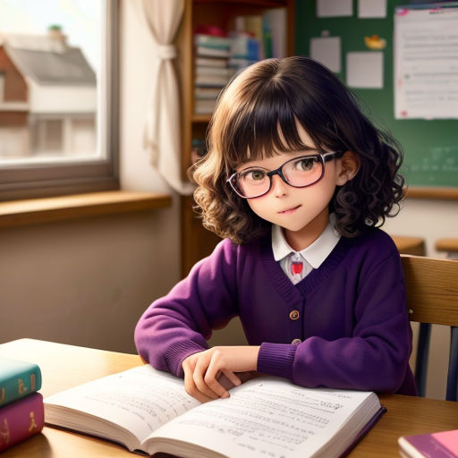 a little girl sitting at a table with a book and glasses on her head and a book in front of her