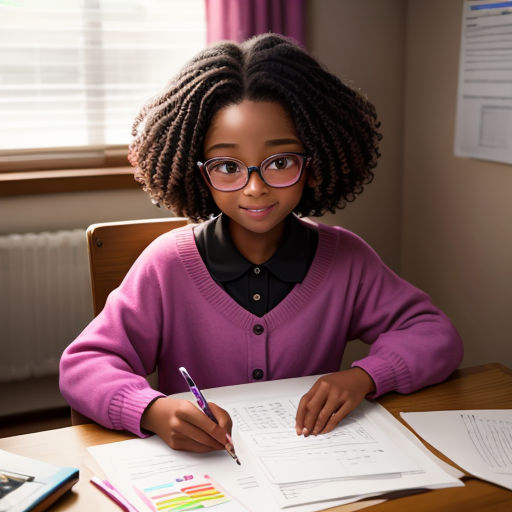 a young girl sitting at a desk with a pen and paper in front of her and a window behind her