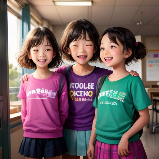 three young girls standing next to each other in a room with a window and a door in the background