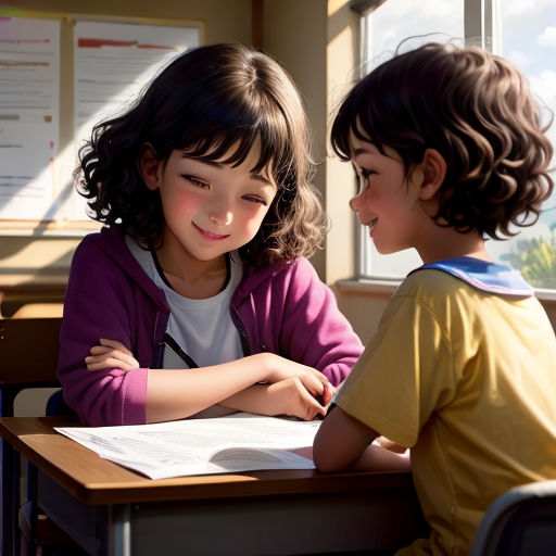 two children sitting at a desk writing on a piece of paper with a pen in their hands and a window in the background