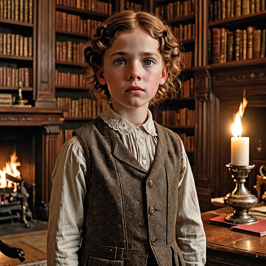 a young girl standing in front of a book shelf with a lit candle in it's hand and a bookcase in the background, pre-raphaelitism, a character portrait, Christabel Dennison, promotional image