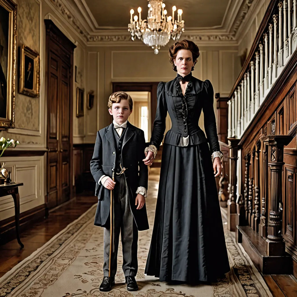 a woman and a boy dressed in formal clothing standing in a hallway with a chandelier above them, international gothic, a poster, David Annand, promotional image