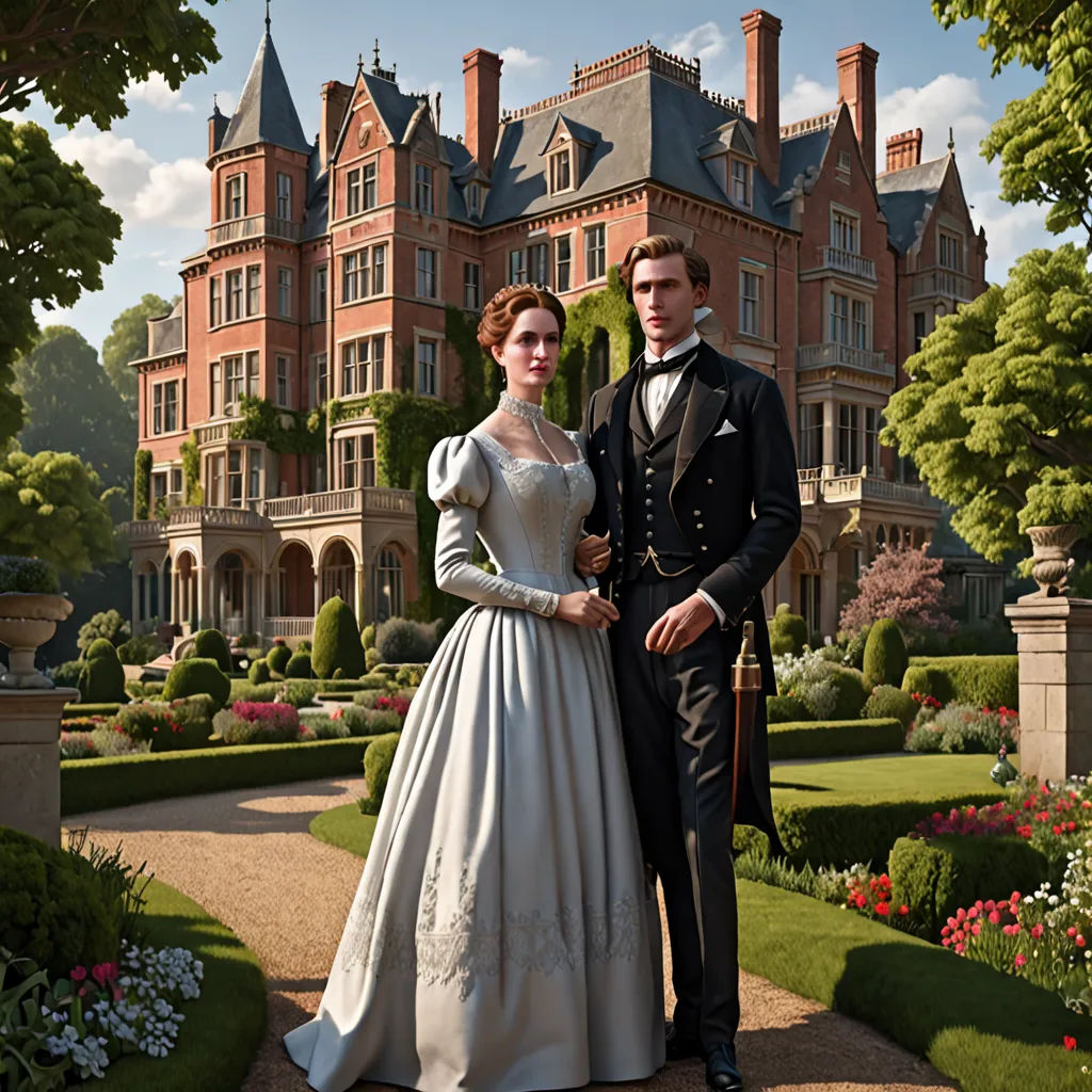 a man and woman in formal wear standing in front of a large building with a garden and formal dress, international gothic, a detailed matte painting, Edward Clark, victorian