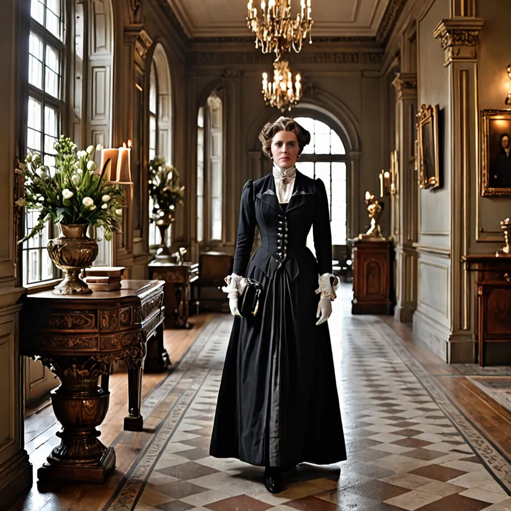 a woman in a long black dress and hat standing in a hallway with a chandelier and a table, arts and crafts movement, a character portrait, Christabel Dennison, promotional image
