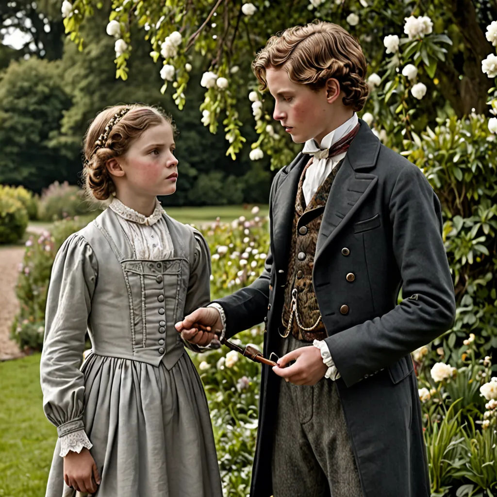 a man and a woman standing in a garden with flowers in the background and a man holding a cane, pre-raphaelitism, a poster, Anne Said, promotional image