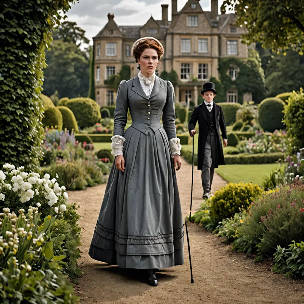a woman in a dress and a man in a suit walking through a garden with a cane in front of a large house, pre-raphaelitism, a detailed matte painting, Anne Said, promotional image