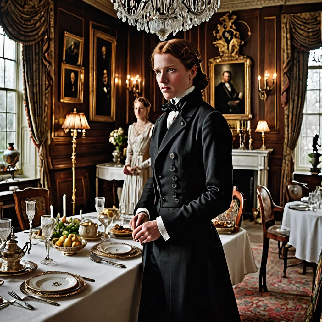 a woman in a long black coat standing in front of a table with food on it and a chandelier, neoclassicism, a detailed matte painting, Christabel Dennison, promotional image