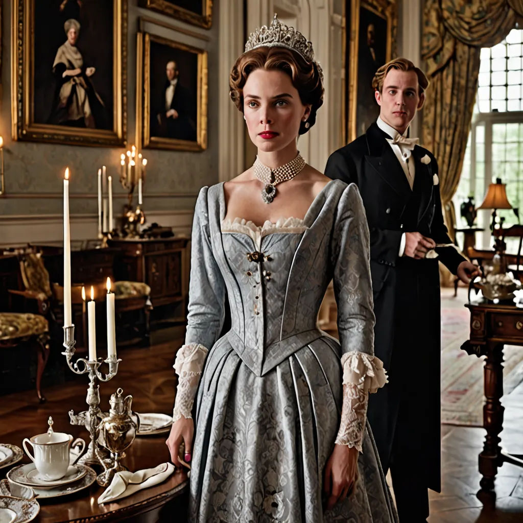 a man and a woman in period clothing standing in a room with a table and chairs and a chandelier, international gothic, a detailed matte painting, Edward George Handel Lucas, promotional image