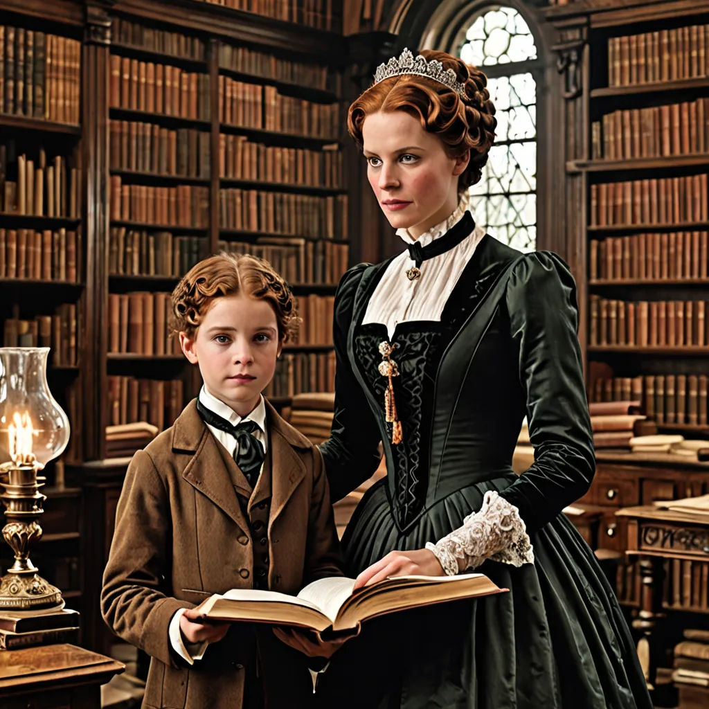 a woman and a boy are standing in a library with books on the shelves and a lamp on the table, pre-raphaelitism, a detailed matte painting, Anne Said, pre - raphaelite